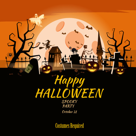 Poster Happy Halloween holiday pumpkin, cemetery, black abandoned castle, attributes of the holiday of All Saints, ghost, spider, black cat, a witch on a broomstick, a gloomy autumn forest, panorama, the moon, crosses and tombstones. Vector, isolated, template, invitation card, poster, banner, cartoon style.のイラスト素材