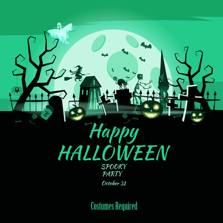 Poster Happy Halloween holiday pumpkin, cemetery, black abandoned castle, gloomy autumn forest, panorama, moon, crosses and tombstonesのイラスト素材