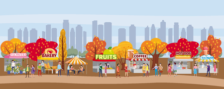 Outdoor festival with food trucks, awnings, tents, ice cream, coffee, hot dog, flowers, bakery, walking people, men and women buying and selling goods at park autumn. Flat cartoon vector illustration for event promo. Modern flyer or poster template for sale, template, vector illustrationの写真素材