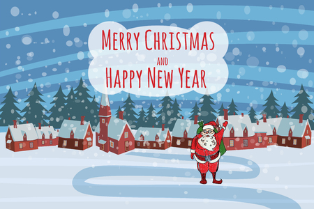 Merry Christmas and Happy New Year village house with Santa Claus, snow fall. Vector, cartoon style, poster, card, baner, background.のイラスト素材