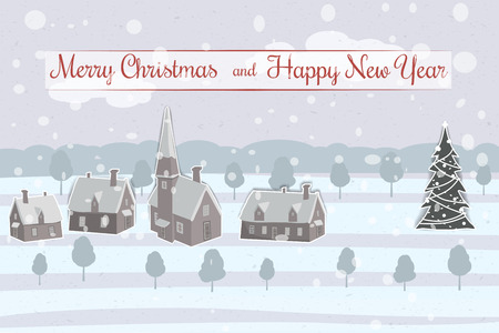 Merry Christmas and Happy New Year village houses with snow fall.のイラスト素材