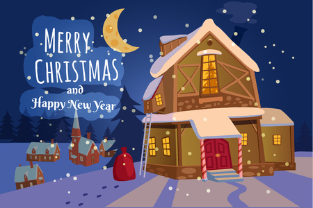 Merry Christmas and Happy New Year village houses with snow fall in the night.のイラスト素材