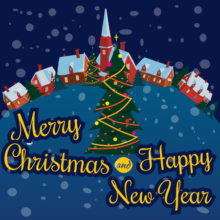 Merry Christmas and Happy New Year village houses with snow fall in the night. Vector, cartoon style, poster, card, baner, background.のイラスト素材