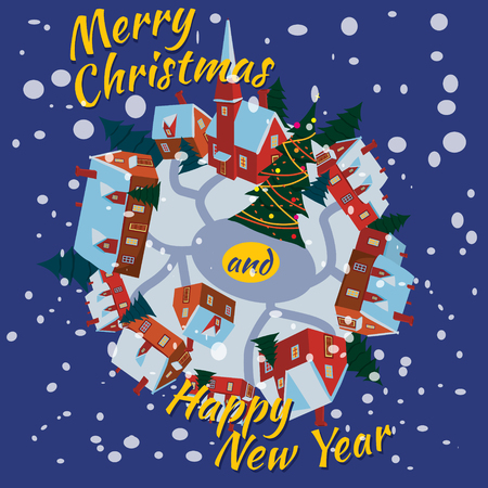 Merry Christmas and Happy New Year village houses with snow fall in the night. Vector, cartoon style, poster, card, baner, background.のイラスト素材