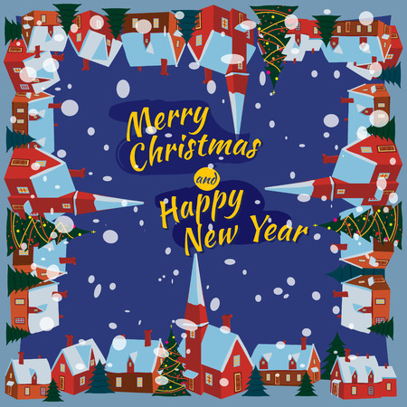 Merry Christmas and Happy New Year village houses with snow fall in the night. Vector, cartoon style, poster, card, baner, background.のイラスト素材