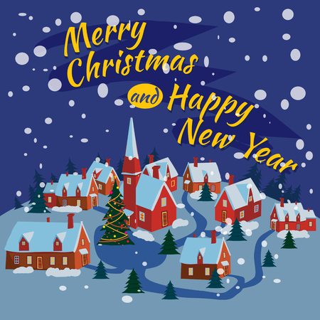 Merry Christmas and Happy New Year village houses with snow fall in the night. Vector, cartoon style, poster, card, baner, background.のイラスト素材