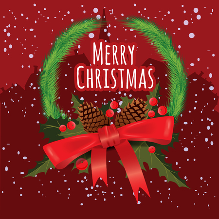 Merry Christmas greeting card with Chrirstmas wreath decorations fir cones, holly berry. Vector illustration, baner, posterのイラスト素材
