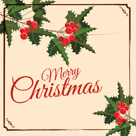 Merry Christmas and Happy New Year greeting card with Chrirstmas decorations holly berry. Vector illustration, baner, posterのイラスト素材