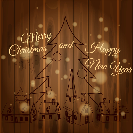 Merry Christmas and Happy New Year greeting card on wood boards. Wood burning rural housesのイラスト素材