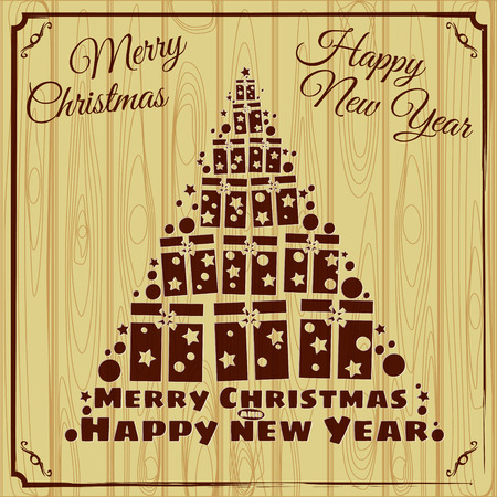 Merry Christmas and Happy New Year greeting card with Chrirstmas gift boxes on wood boards. Wood burning. Vector illustration, baner, posterのイラスト素材