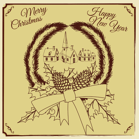 Merry Christmas and Happy New Year greeting card with Chrirstmas decorations fir cones, holly berry on wood boards. Wood burning rural houses. Vector illustration, baner, posterのイラスト素材