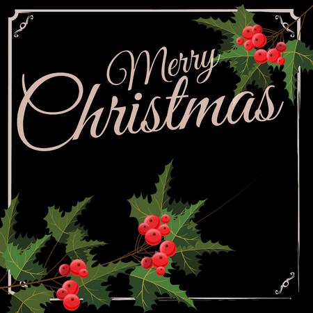 Merry Christmas and Happy New Year greeting card with Chrirstmas decorations holly berry. Vector illustration, baner, posterのイラスト素材