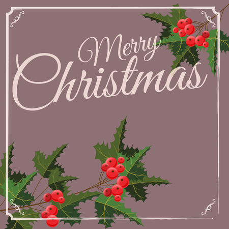 Merry Christmas and Happy New Year greeting card with Chrirstmas decorations holly berry. Vector illustration, baner, posterのイラスト素材
