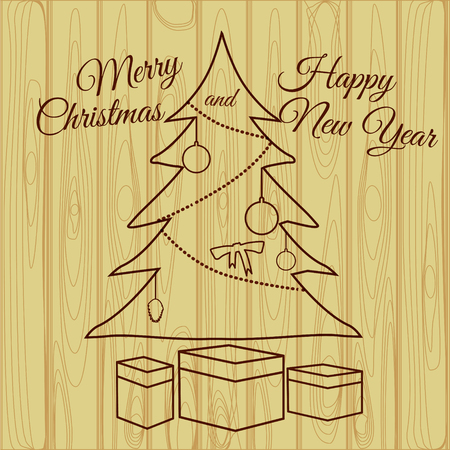Merry Christmas and Happy New Year greeting card on wood boards. Wood burning. Spruce with gift boxes. Vector illustration, baner, posterのイラスト素材