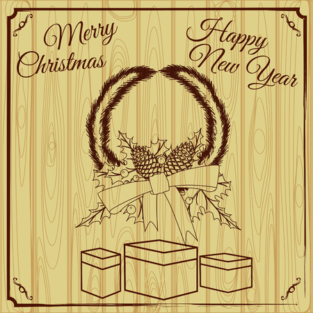 Merry Christmas and Happy New Year greeting card with Chrirstmas decorations fir cones, holly berry on wood boards. Wood burning. Vector illustration, baner, posterのイラスト素材