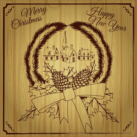 Merry Christmas and Happy New Year greeting card with Chrirstmas decorations fir cones, holly berry on wood boards. Wood burning rural houses. Vector illustration, baner, posterのイラスト素材