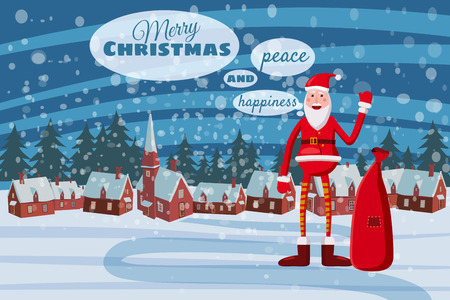 Greeting card Merry Christmas and Happy New Year, Santa Claus holding a gift box, winter landscape, villageのイラスト素材