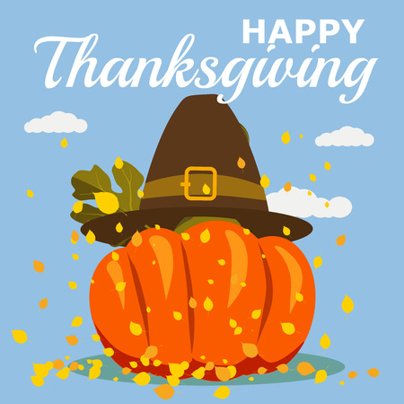 Happy Thanksgiving Celebration with Cartoon Pumpkin and Autumn Leaves. Vector, Illustration, Design, Baner, Posterのイラスト素材