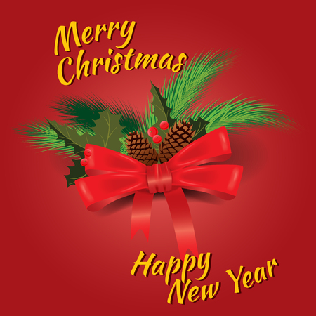 Merry Christmas and Happy New Year greeting card with Chrirstmas decorations fir cones, holly berryのイラスト素材