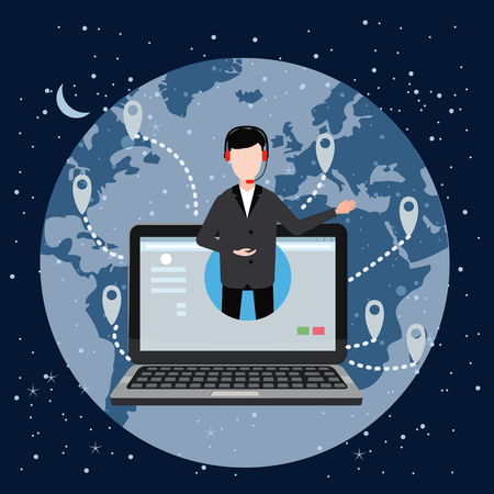 Concept online assistant, customer and operator, call centre, online global technical support 24-7.のイラスト素材