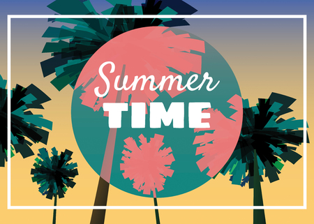 Summer time at seashore, sea landscape with palms, minimalistic illustration. Seascape sunrise or sunsetのイラスト素材