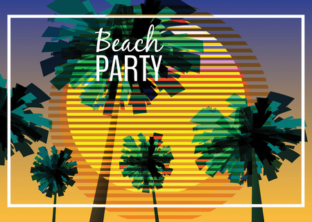 Beach party at seashore, sea landscape with palms, minimalistic illustration. Seascape sunrise or sunsetのイラスト素材