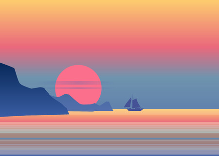 Night moonlight sailboat on blue sea ocean horizon, vector background, rock, sailing illustrationのイラスト素材