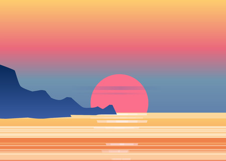 Sunset osean, sea, landscape with mountains and sun, evening. Panorama of mountainsのイラスト素材