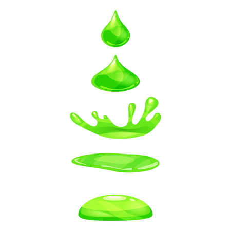 Drop of liquid, water falls and makes a splash, green colour. Phases, frames, for animation, cartoon style, vector, isolatedの写真素材