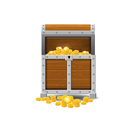 Wooden old pirate chests, full of treasures, gold coins, treasures, vector, cartoon style, illustration, isolated. For games, advertising applicationsの写真素材