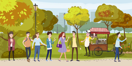 Park, cart and coffee barista, happy people stand in line for coffee, men and women, different characters, outdoor, vector, illustrationのイラスト素材