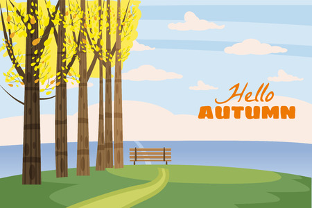 Autumn landscape, trees with yellow leaves, lonely bench for contemplation of autumn nature, vector, isolated, cartoon styleの写真素材
