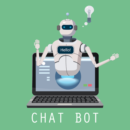 Free Chat Bot, Robot Virtual Assistance On Laptop Say Hello Element Of Website Or Mobile Applications, Artificial Intelligence Concept Cartoon Vector Illustrationの写真素材