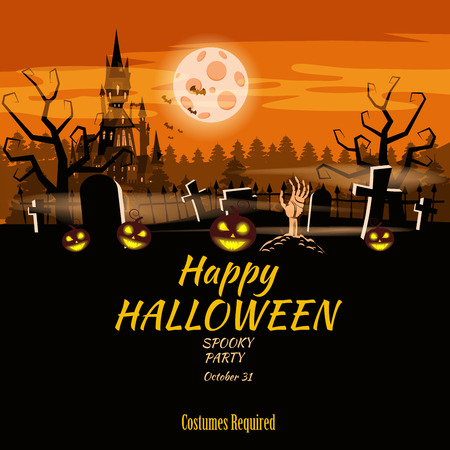 Poster Happy Halloween holiday pumpkin, cemetery, black abandoned castle, attributes of the holiday of All Saints, ghost, spider, black cat, a witch on a broomstick, a gloomy autumn forest, panorama, the moon, crosses and tombstones. Vector, isolated, template, invitation card, poster, banner, cartoon style.のイラスト素材
