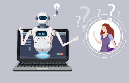 Free Chat Bot, Robot Virtual Assistance On Laptop Say Hello Element Of Website Or Mobile Applications, Artificial Intelligence Concept Cartoon Vector Illustration Office Backgroundのイラスト素材