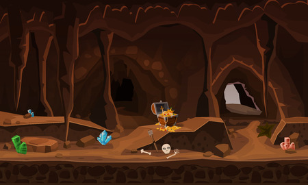Treasure cave with chest gold coins, gems. Concept, art for computer game. Background image to use games, apps, banners, graphics. Vector cartoon illustrationの写真素材