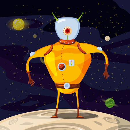 Alien in a spacesuit, cartoon style, background space, vector isolatedの写真素材