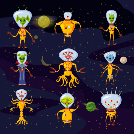 Cute Aliens In Space Suits, Spaceship Crew Cartoon Characters In space, vector, isolatedの写真素材