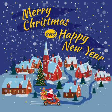 Merry Christmas and Happy New Year, Happy Santa Claus with a gifts box riding a scooter. Winter landscape background, town, snow. Christmas holiday theme design element for greeting cards, banners, ads in contemporary cartoon style. Vector lustrationのイラスト素材
