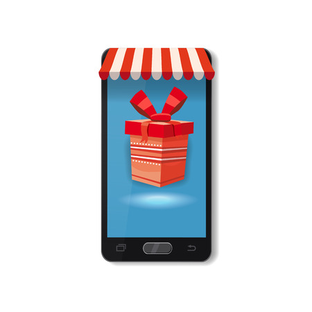 Mobile Online Store concept. Smartphone, Holiday red gift box. Vector illustration business design. Electronic online shop market. Digital marketing. Poster, baner, templateの写真素材