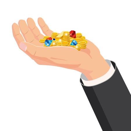 The hand that holds the treasure, gems, diamonds, bar gold, gift. Cartoon style. The concept of delivery, victory, Christmas holiday, birthday, engagement, wedding. Vector, illustration, isolatedの写真素材