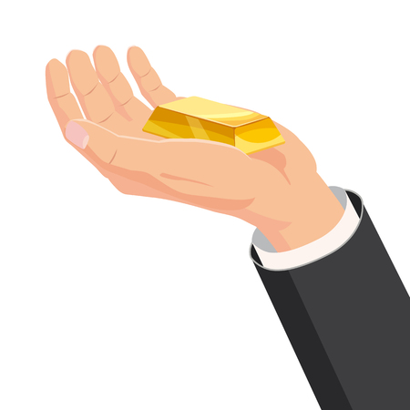 The hand that holds the bar gold, gift. Cartoon style. The concept of delivery, victory, Christmas holiday, birthday, engagement, wedding. Vector, illustration, isolatedの写真素材