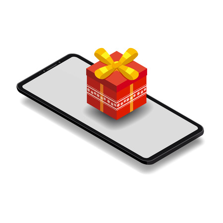 Isometric smartphone with red gift box. Online shopping concept. Sale, e-commerce, retailing, discount theme. Creative flyer, poster template. Baner, poster, vectorの写真素材