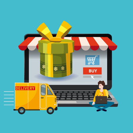 Laptop, noteebok with green gift box. Delivery track, People ordering a gift Online shopping concept. Sale, e-commerce, retailing, discount theme. Creative flyer, poster template. Baner, poster, vectorの写真素材