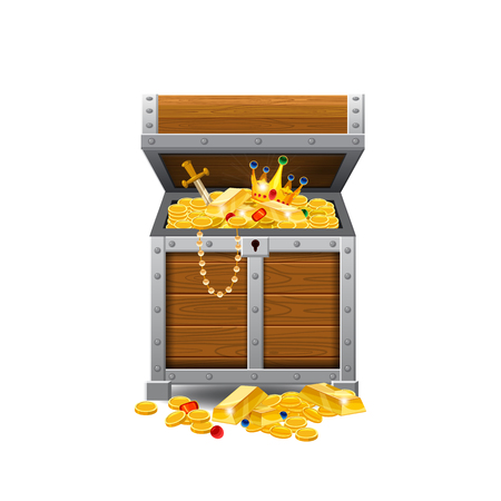 Wooden old pirate chests, full of treasures, gold coins, treasures, vector, cartoon style, illustration isolatedのイラスト素材