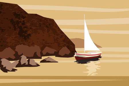 Seascape, sea, ocean, rocks, stones, sailfish, boat, vector, illustration, isolatedの写真素材