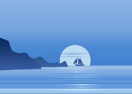 Night moonlight sailboat on blue sea ocean horizon, vector background, rock, sailing illustration, vector, isolaredの写真素材