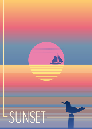 Minimalist sunset in the sea, ocean, with a sailboat and seagulls. Summer holidays, flyer, banner, poster, background, vector background. EPS 10の写真素材