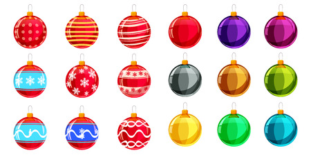 Red christmas balls on gift bows. Set of isolated realistic decorations. Vector illustration.のイラスト素材