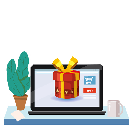 Mobile Online Store concept. Holiday red gift box. Laptop, notebookのイラスト素材